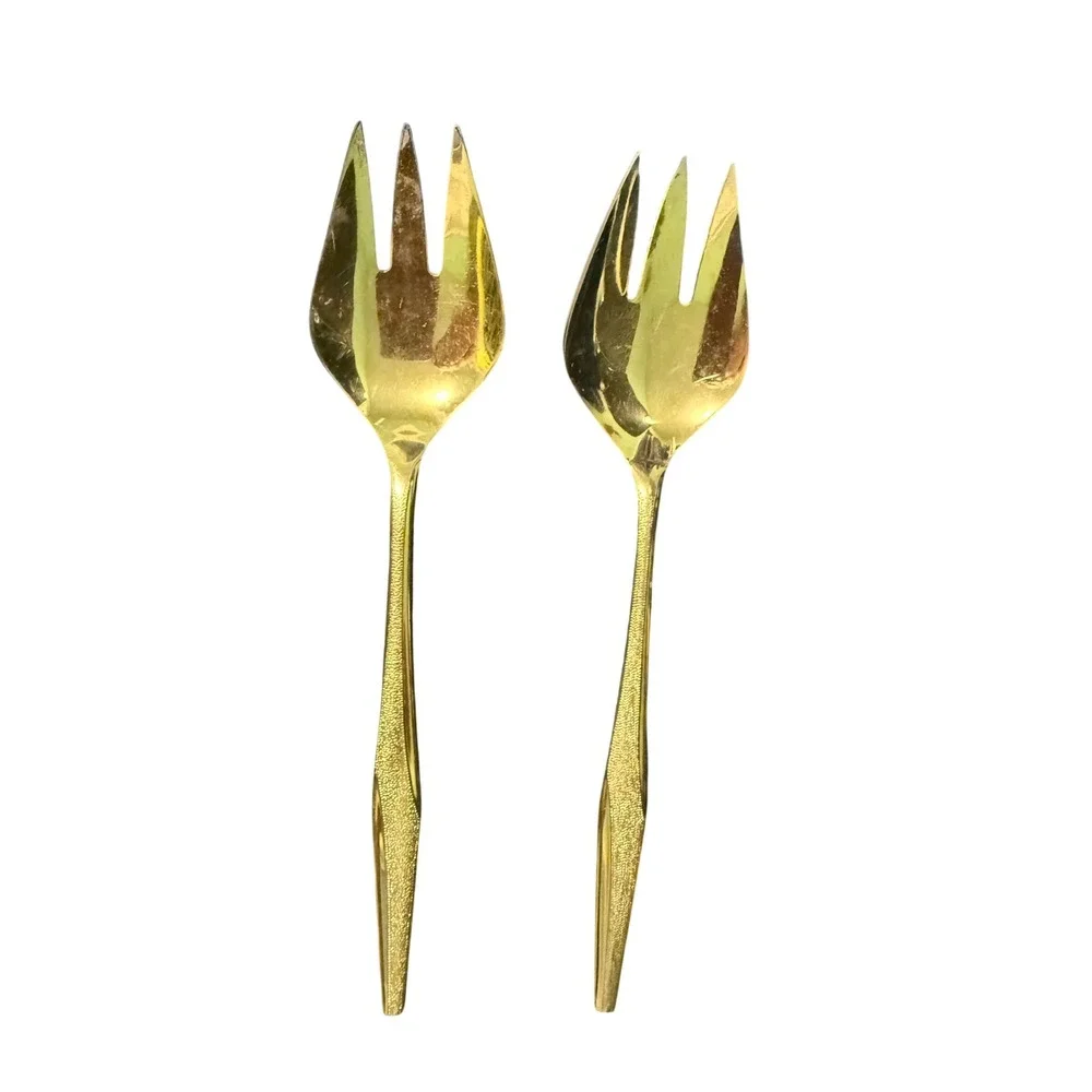 Vintage Flameline Gold Tone Bark Textured Salad Serving Set MCM Flatware 2pc
